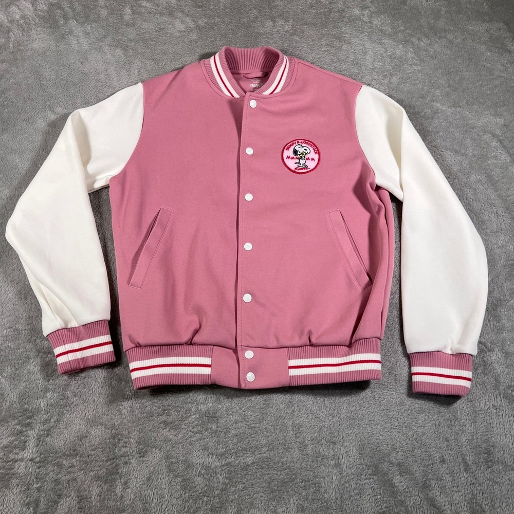 Uniqlo x Peanuts Jacket Kids Size 13 Pink White Varsity Embroidered Patch Bomber